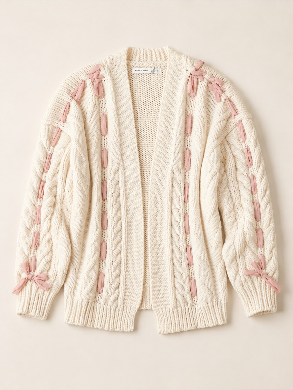 Altar'd State | Chunky Cable Knit Cardigan Pink Ribbon Lacing Open Front Size M